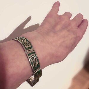 7" Vintage Taxco Mexico .925 Sterling Silver Turquoise Malachite Bangle - 34g